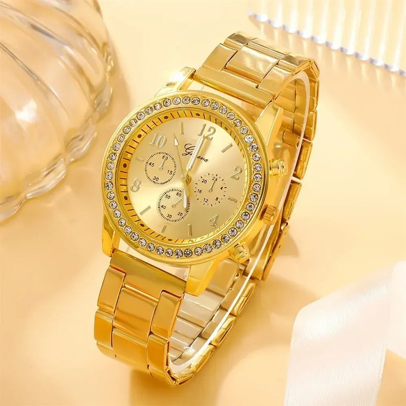 New 6PCS Set Rose Gold Luxury Watch Women Ring Necklace Earring Rhinestone Fashion Wristwatch Casual Ladies Bracelet Watches